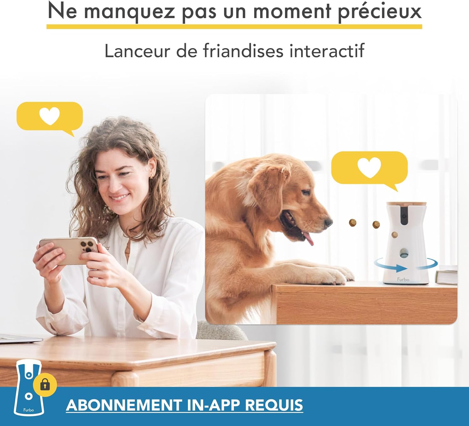 Caméra Pour Chien 360° - Pack Avec Alertes De Sécurité Maison [ABONNEMENT Premium]: Caméra HD Intelligente Avec App, Vision Nocturne, Suivi Auto, Lancer De Friandises, Alerte Aboiement Avancée